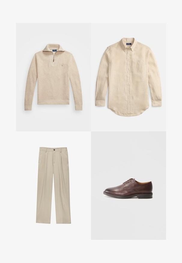 Pulover texturat bej, cu guler cu fermoar. Prezintă manșete și tiv cu bordură, și un mic logo brodat pe piept.; Cămașă bej cu mâneci lungi, cu dungi albe verticale, guler cu nasturi, buzunar la piept și etichetă "Polo Ralph Lauren" în interiorul gulerului.; Pantaloni bej cu croi drept, dotati cu un singur nasture negru, bucle pentru centură și buzunare laterale. Textură de țesătură netedă și design minimal.; Pantofii formali de bărbați din piele maro, cu șireturi, cu un finisaj neted și cu toc stratificat, pe un fundal alb.