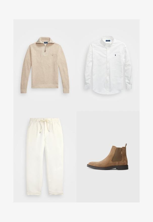 Beige pletený svetr s texturou a zipovým límcem. Má žebrované manžety a lem, a malé vyšívané logo na hrudi.; Bílé košile na knoflíky vyrobené z bavlny. Má špičatý límec, dlouhé rukávy a malé námořnické logo na hrudi. Hladká textura.; Světle krémové, volné kalhoty vyrobené z měkké látky. Mají elastický pás s tkaničkou a zúžený střih nohavic.; Hnědé semišové Chelsea boty s elastickými postranními panely a poutkem na patě. Mají zaoblenou špičku a plochou gumovou podrážku pro stabilitu.
