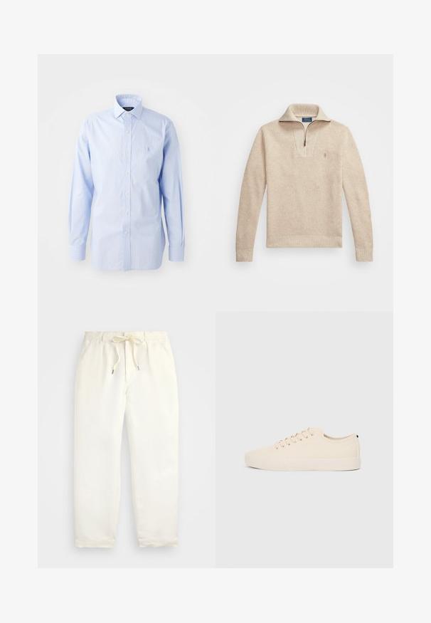 Beež, tekstureeritud sviiter, millel on lukuga kaelus. Omab soonikuid mansette ja alla, samuti väikest brodüüri logot rinnal.; Hele helesinine triibuline nööpidekaan küljes, klassikalise krae, pikad varrukad ja väike logo vasakus rinnas.; Hele kreemjad, mugavad püksid pehmest kangast. Omavad elastset vöökohta stringiga ning kitsenevat jala disaini.; Beige kangastossud ümmarguse ninaga, tasase kummist lõhenemisega ja nööridega ees. Omab minimaalset disaini ja kontrastset musta aktsenti kanna piirkonnas.