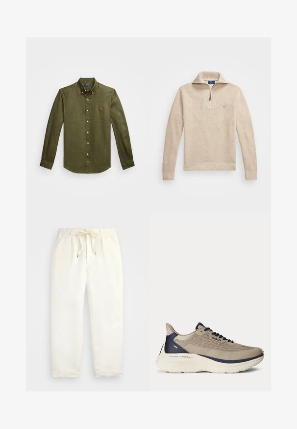 Bežinis, tekstūruotas megztinis su užtrauktuku prie apykaklės. Yra raukšlėtos rankovės ir apatinė dalis, taip pat mažas siuvinėtas logotipas ant krūtinės.; Alieji žalia marškinėliai su mygtukais, pagaminti iš lino, su klasikiniais apykakle, ilgomis rankovėmis ir mažu siuvinėtu logotipu ant krūtinės.; Šviesiai kreminės spalvos, laisvalaikio kelnės iš minkštos medžiagos. Turi elastinį juosmenį su raišteliais ir siaurėjantį kojų dizainą.; Šviesiai rudas sportinis batelis su tekstūruota tinklo viršūne, mėlynais akcentais, storu baltu padu ir sudėtingų dizaino detalių. Su raišteliais ir logotipo ženklinimu.