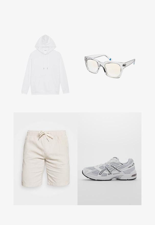 Bijela pamučna dukserica s kapuljačom na vezanje, kengurskom džepom, rebrastim rukavima i donjim rubom. Jednostavan dizajn, meka tekstura, čist i minimalistički izgled.; Bež kratke hlače od lagane tkanine s elastičnim pojasom i vezicom. Imaju dva bočna džepa i teksturiranu površinu.; Bijela mrežasta atletska cipela sivi naglasci, strukturirani dizajn, sustav vezivanja, podstavljeni ovratnik i gumeni potplat za prianjanje.; Naočne sunčane naočale s prozirnim okvirom i blago zatamnjenim lećama. Kvadratni oblik, glatka tekstura i plavi akcenti na sljepočnicama. Čvrst i lagan materijal.