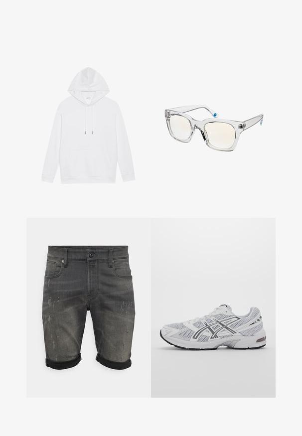 Sudadera de algodón blanca con capucha ajustable, bolsillo canguro, puños y dobladillo acanalados. Diseño simple, textura suave, apariencia limpia y minimalista.; Shorts de mezclilla en gris oscuro con detalles desgastados, dobladillos enrollados, cinco bolsillos y cierre de botón en la parte delantera. Textura suave y diseño ajustado.; Zapatilla deportiva de malla blanca con acentos grises, diseño estructurado, sistema de cordones, cuello acolchado y suela de goma para tracción.; Gafas de sol con montura transparente y lentes ligeramente tintados. Forma cuadrada, textura suave y acento azul en las varillas. Material ligero y resistente.