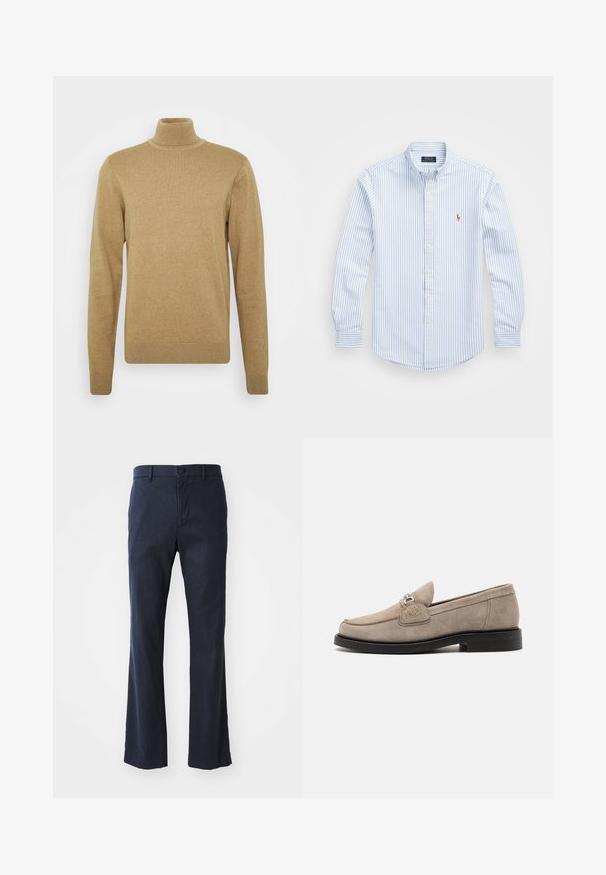 Beige coltrui gemaakt van zachte gebreide stof. Kenmerken zijn lange mouwen en een aansluitend ontwerp. Geribbelde zoom en kraagaccenten.; Lichtblauw en wit gestreept overhemd met knopen, een kraag, lange mouwen en een klein geborduurd logo op de borst. Katoenen materiaal.; Marineblauwe flared broek gemaakt van lichtgewicht stof, met een enkele knoopsluiting en voorzakken, en een soepele textuur.; Beige suède loafers met een vlakke zwarte zool, voorzien van een decoratieve zilveren gesp en subtiele stiksels op de bovenkant.