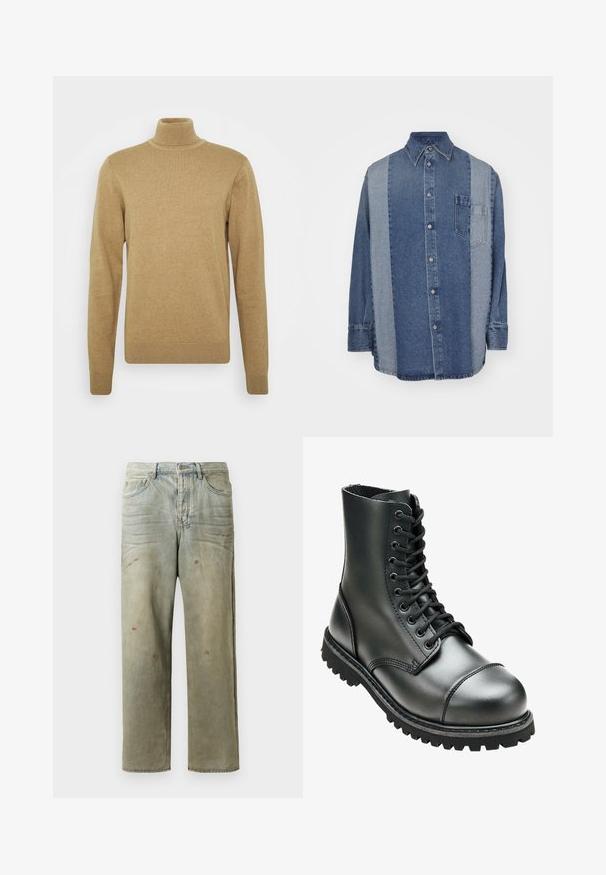 Beige rolák vyrobený z měkké pleteniny. Má dlouhé rukávy a přiléhavý střih. Hlavními prvky jsou vroubkovaný lem a límec.; Denimová košile s dvoubarevným designem, který kombinuje tmavě a světle modré části, s knoflíkovým zapínáním, límcem a náprsní kapsou.; Odstřižené džíny v světle zelené barvě, se rovnými nohavicemi, pěti kapsami a nerovnoměrným vyblednutím s barevnými skvrnami.; Černá kožená bojová bota s vysokým kotníkem, kulatou špičkou, šněrováním v přední části a robustní gumovou podrážkou s hlubokým vzorem pro lepší přilnavost.