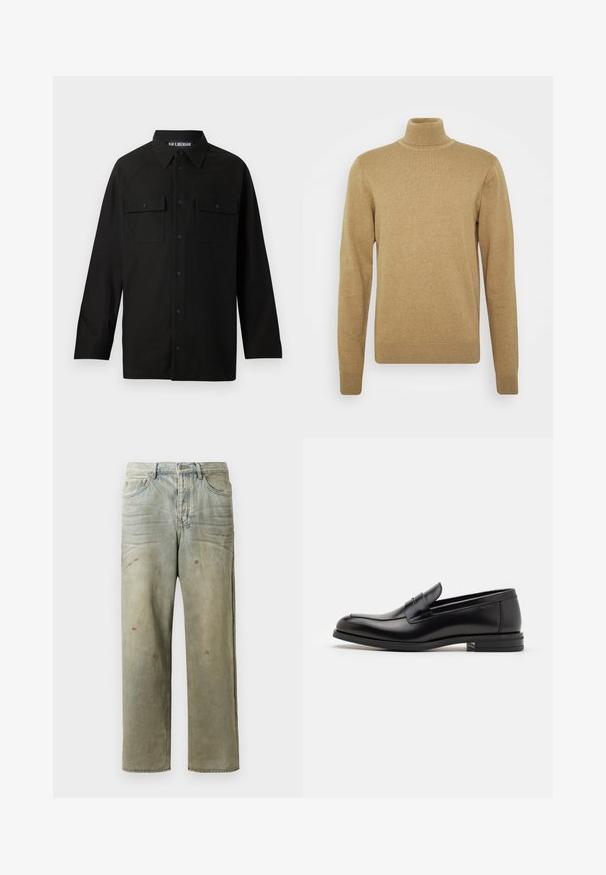 Beige turtleneck sweater made of soft knit fabric. Features long sleeves and a fitted design. Ribbed hem and collar accents.; Black button-up shirt with a collar, long sleeves, two chest pockets with flaps, and a straight hem. Made of smooth fabric.; Distressed denim jeans in light green, featuring a straight leg, five-pocket design, and uneven fading with paint splatters.; Black leather loafers with a smooth texture, rounded toe, and a decorative strap across the vamp. Low stacked heel, minimalist design.