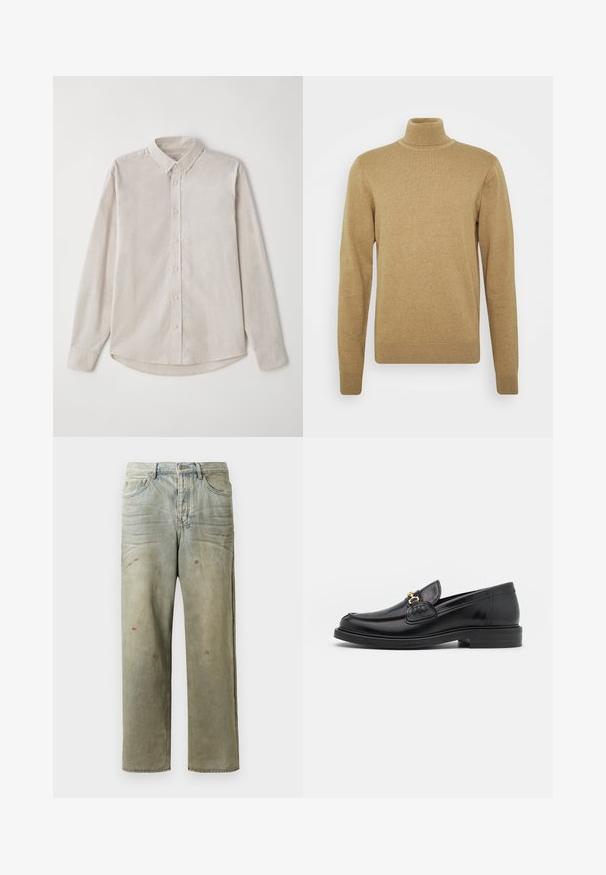 Beiger Rollkragenpullover aus weichem Strickstoff. Mit langen Ärmeln und taillierter Passform. Gerippter Saum und Kragenakzente.; Helles beige Langarmhemd aus weichem Stoff. Mit einem Button-Down-Kragen und einer zentralen Knopfleiste sowie einem abgerundeten Saum.; Distressed Denim-Jeans in Hellgrün, mit geradem Bein, Fünf-Taschen-Design und ungleichmäßiger Ausbleichung sowie Farbspritzern.; Schwarze Lederleter mit einer abgerundeten Zehenpartie, ausgestattet mit goldenen Hardwareakzenten und Stichdetails, auf einer niedrigen, strukturierten Gummisohle.