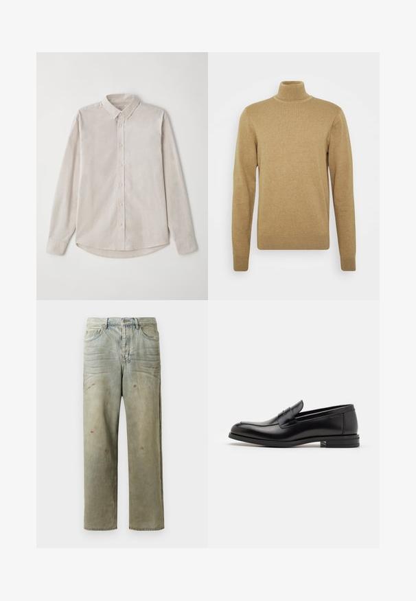 Maglione a collo alto beige realizzato in morbido tessuto knit. Presenta maniche lunghe e una vestibilità aderente. Dettagli a coste su orlo e colletto.; Camicia beige chiaro a maniche lunghe realizzata in tessuto morbido. Presenta un colletto button-down e una chiusura frontale con bottoni, con un orlo curvo.; Jeans in denim strappato di colore verde chiaro, con gamba dritta, design a cinque tasche, sbiaditure irregolari e schizzi di vernice.; Mocassini neri in pelle con una texture liscia, punta arrotondata e una striscia decorativa sulla tomaia. Tacco basso impilato, design minimalista.