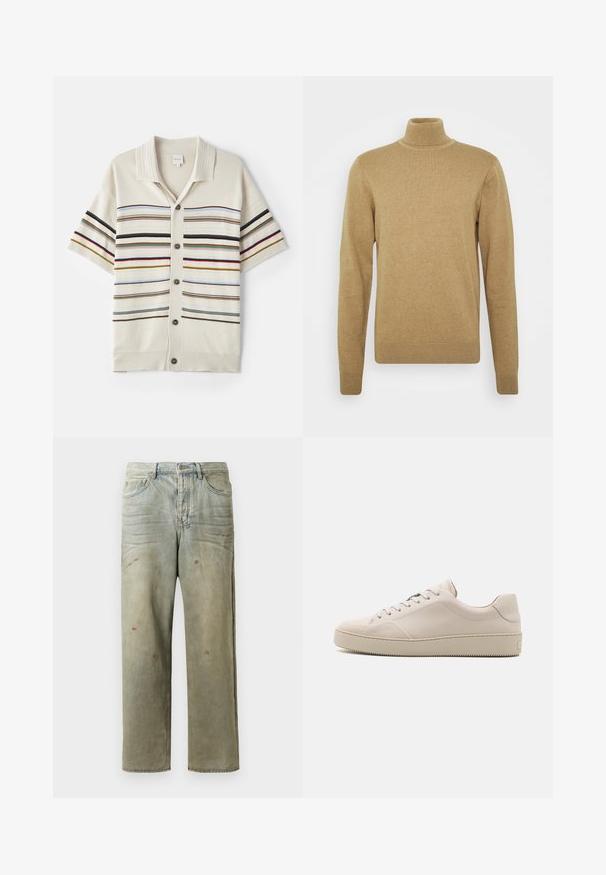 Beige polo-tröja i mjukt stickat tyg. Har långa ärmar och en figursydd design. Ribbad nederkant och krage som accent.; Kortärmad, krämfärgad stickad kavaj med knappstängning, med horisontella ränder i varierande färger och ribbad krage och manschetter.; Slitna denimjeans i ljusgröna toner, med rak benprofil, femficksdesign och ojämn blekning med färgsplatter.; Beiga läderskor med en slät yta, rund tå, platt sula och klassisk snördesign. Diskreta sömdetaljer och texturerad sula.