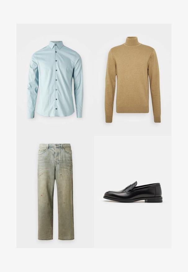 Bežinė storo audinio megztinė su aukštu kaklu. Turi ilgomis rankovėmis ir prigludusį dizainą. Raukšlėtas apykaklė ir apačia.; Šviesiai mėlynas ilgomis rankovėmis marškinys, pagamintas iš lygios medžiagos, su smailiu apykakle ir šešiais tamsiais mygtukais priekyje.; Šviesiai žaliai nuvarytos džinsinės kelnes, su tiesiomis kojomis, penkių kišenių dizainu, nelygiai blukščiantis ir su dažų lašeliais.; Juodos odinės loafers, turinčios lygų paviršių, apvalią noselę ir dekoratyvinę juostą per priekinę dalį. Žemas krentantis kulnas, minimalistinis dizainas.
