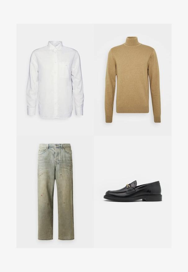 Beiger Rollkragenpullover aus weichem Strickstoff. Mit langen Ärmeln und taillierter Passform. Gerippter Saum und Kragenakzente.; Langärmliges, weißes Hemd aus Baumwolle mit Button-Down-Kragen, Fronttasche und normalem Schnitt. Strukturierter Stoff mit glatter Oberfläche.; Distressed Denim-Jeans in Hellgrün, mit geradem Bein, Fünf-Taschen-Design und ungleichmäßiger Ausbleichung sowie Farbspritzern.; Schwarze Lederleter mit einer abgerundeten Zehenpartie, ausgestattet mit goldenen Hardwareakzenten und Stichdetails, auf einer niedrigen, strukturierten Gummisohle.