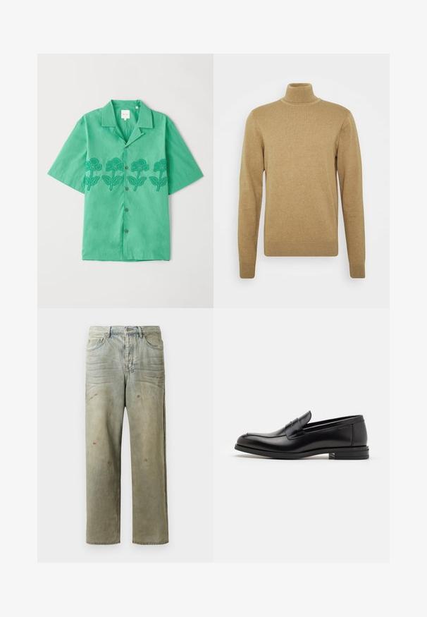 Beige turtleneck sweater lavet af blødt strikstof. Har lange ærmer og en tætsiddende pasform. Ribbet kant og krave. ; Kortærmet grøn skjorte lavet af blødt stof, med blomsterbroderi i mørkegrøn over forsiden, knaplukning og klassisk krave.; Slidte denimjeans i lysegrøn med lige ben, femlommerdesign og ujævn falming med malersplatter.; Sorte læderloafers med en glat overflade, rund tå og en dekorativ strop over vampen. Lav hæl med stabeldesign, minimalistisk stil.