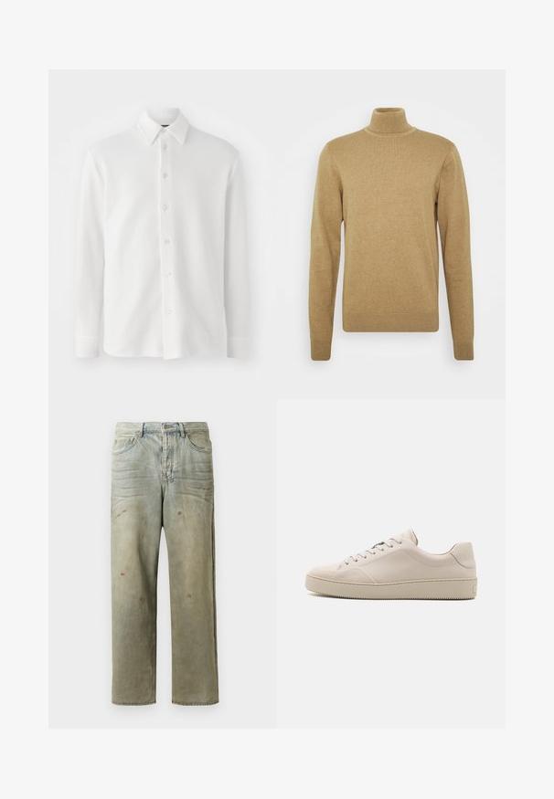 Beiger Rollkragenpullover aus weichem Strickstoff. Mit langen Ärmeln und taillierter Passform. Gerippter Saum und Kragenakzente.; Weißes Hemd mit Knopfleiste aus strukturiertem Stoff. Verfügt über einen klassischen Kragen, lange Ärmel und sechs Knöpfe auf der Vorderseite. Weiches, leichtes Design.; Distressed Denim-Jeans in Hellgrün, mit geradem Bein, Fünf-Taschen-Design und ungleichmäßiger Ausbleichung sowie Farbspritzern.; Beige Leder-Sneaker mit glatter Oberfläche, abgerundetem Zehenbereich, flacher Sohle und klassischem Schnürdesign. Dezente Nähte und strukturierte Laufsohle.