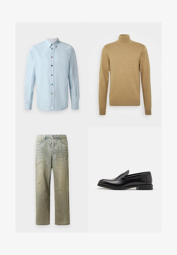 Beige turtleneck-neule, joka on valmistettu pehmeästä neulosmateriaalista. Ominaisuuksiin kuuluvat pitkät hihat ja tiukka muotoilu. Ribperoitu helma ja kauluskoristeet.; Vaaleansininen pitkähihaisa paita, joka on valmistettu pehmeästä kankaasta ja jossa on napitus edessä. Paidassa on monivärisiä nappeja ja terävä kaulus.; Vaaleanvihreät kulutetut farkut suoran lahkeen, viiden taskun muotoilun ja epätasaisen haalistumisen sekä maalikohoumiin kanssa.; Mustat nahkakengät, joissa on sileä pinta, pyöreä kärki ja koristeellinen nauha jalkapöydän yli. Matala pinoitu koroke, minimalistinen muotoilu.