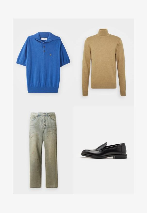 Barna alapon készült, puha kötöttanyagú garbó pulóver. Hosszú ujjakkal és testhezálló fazonnal rendelkezik. Szegett szegély és gallér díszítéssel.; Kék, rövid ujjú pulóver széles gallérral, három barna gombbal és egy kis hímzett mintával a mellrészen. Kötött textúra és bordázott szegély.; Fakó zöld, kopott farmerszadrág, egyenes lábbal, ötk zsebes kialakítással, egyenetlen kopással és festékcseppekkel.; Fekete bőr loaferek sima textúrával, kerek orral és dekoratív pánttal a vampnál. Alacsony, rétegelt sarkú, minimalista dizájn.