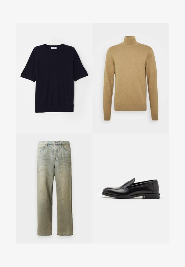 Beige turtleneck sweater made of soft knit fabric. Features long sleeves and a fitted design. Ribbed hem and collar accents.; Navy blue short-sleeve knit shirt with a round neckline, soft texture, and a relaxed fit. Features a ribbed hem and sleeve cuffs.; Distressed denim jeans in light green, featuring a straight leg, five-pocket design, and uneven fading with paint splatters.; Black leather loafers with a smooth texture, rounded toe, and a decorative strap across the vamp. Low stacked heel, minimalist design.