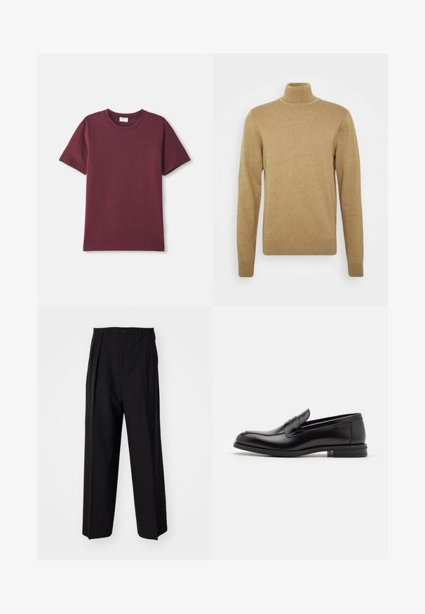 Barna alapon készült, puha kötöttanyagú garbó pulóver. Hosszú ujjakkal és testhezálló fazonnal rendelkezik. Szegett szegély és gallér díszítéssel.; Burgundi színű pamut póló, környakú, rövid ujjú és laza fazonú. Sima textúrájú és minimalista dizájnú.; Fekete, pliszírozott nadrág, egyenes, széles lábakkal. Sima anyagból készült, gombos záródással és övhurkokkal rendelkezik.; Fekete bőr loaferek sima textúrával, kerek orral és dekoratív pánttal a vampnál. Alacsony, rétegelt sarkú, minimalista dizájn.