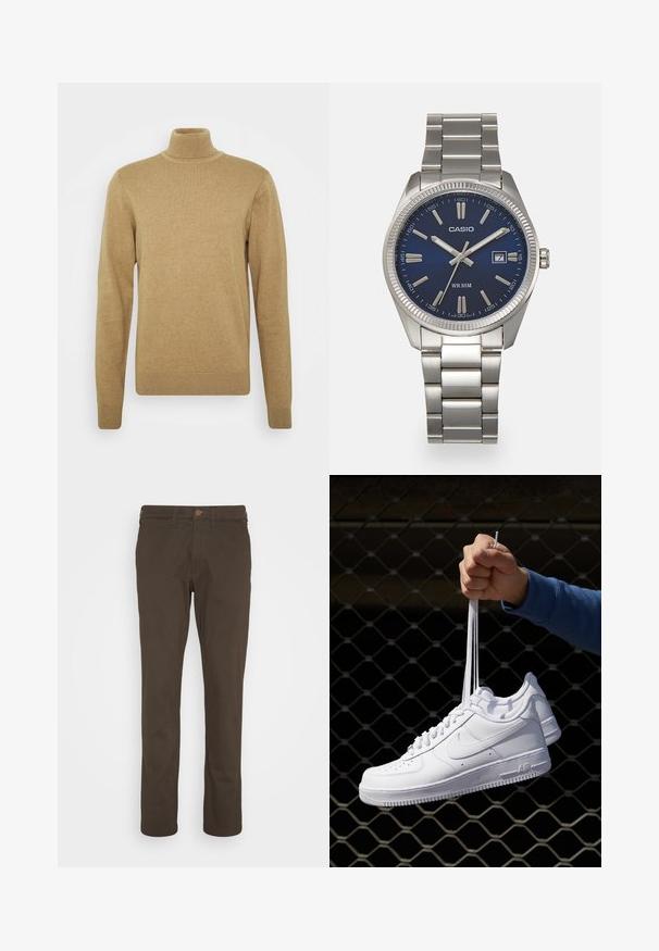 Beige turtleneck sweater made of soft knit fabric. Features long sleeves and a fitted design. Ribbed hem and collar accents.; Brown cotton chinos with a straight leg design, button front closure, and pockets. Smooth texture, minimal visible stitching.; White leather sneakers with perforations, round toe, flat sole, and thick laces, featuring a visible swoosh logo and "AIR" on the heel.; Silver stainless steel wristwatch with a navy blue dial, metallic hour markers, and a date window at 3 o'clock. Water-resistant to 50 meters.