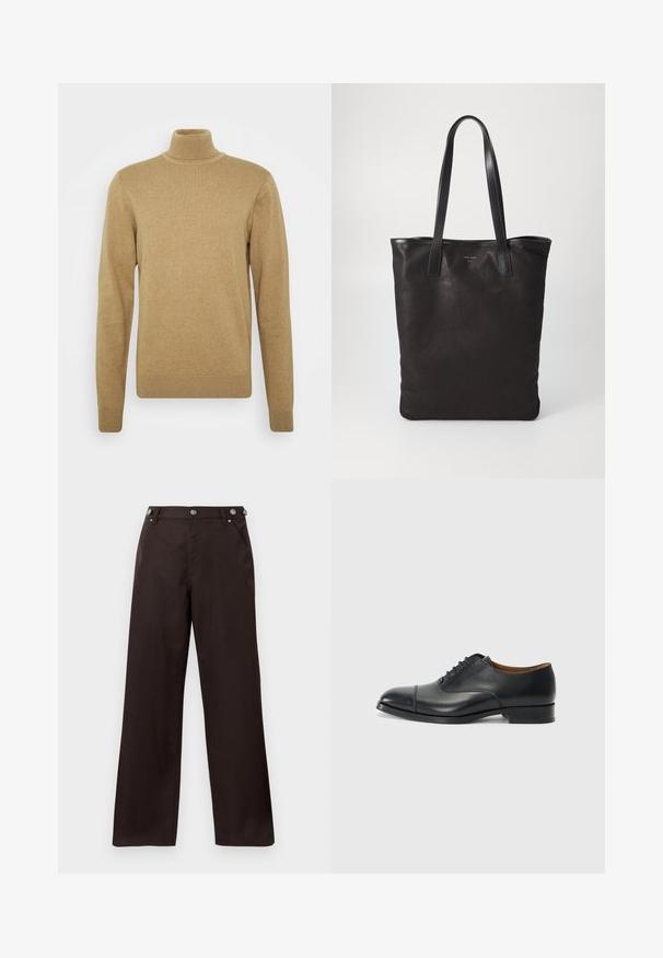Béžový rolák vyrobený z mäkkej pleteniny. Má dlhé rukávy a priliehavý strih. Hranatý lem a akcenty na golieri sú ribbované.; Tmavohnedé nohavice rovného strihu s detailmi na zápinaku a dvoma prednými vreckami, zobrazené na bielom pozadí.; Čierne kožené šaty topánky s hladkým povrchom, okrúhlym špičkou, piatimi očkami na šnúrky a nízkym blokovým podpätkom. Minimalistický dizajn s jemným prešívaním.; Čierna plátená taška s čiernymi koženými ušami. Jednoduchý dizajn, priestranné telo a hladká textúra. Žiadne viditeľné logo ani vzory.