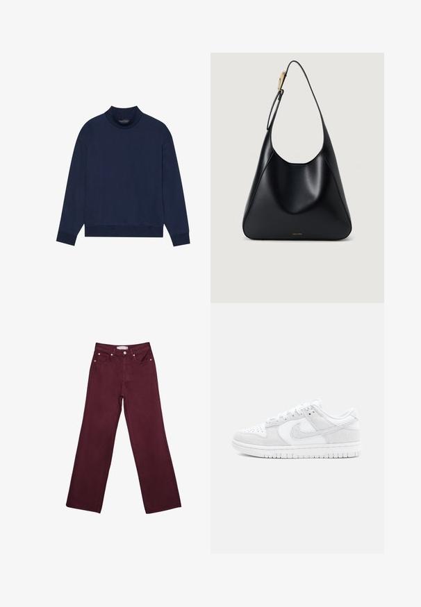 Marineblå langærmet sweatshirt med høj hals, løs pasform, ribbede manchetter og søm. Fremstillet af blødt, glat stof uden mønstre.; Bordeaux højtaljede jeans med lige ben-design, der har forlommer, en knaplukning og hardware-detaljer i kobberfarve.; Hvide Nike sneakers med en kombination af struktureret læder og ruskind, lavt design, rund tå og mønstret gummisål.; Sort læder skuldertaske med en glat tekstur, buet silhuet og et gyldent hardware accent. Har et præget brandlogo på bunden.