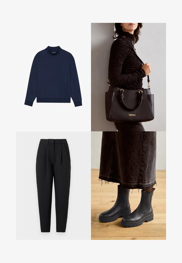 Námořnická modrá mikina s dlouhým rukávem, vysokým krkem, volným střihem a žebrovanými manžetami a spodním lemem. Vyrobena z měkké, hladké látky, bez vzorů.; Černé kalhoty s rovný fit, které mají záhyby v přední části, hladkou texturu a postranní kapsy. Pas je standardní výšky.; Černé kožené kotníkové boty s elastickými bočními panely, silnou gumovou podrážkou a zaoblenou špičkou, v kombinaci s tmavou, roztrhanou džínovou sukní.; Černá kabelka s texturovaným povrchem, dvojitými horními uchy a nastavitelným ramenním popruhem. Obsahuje zlaté kovové prvky a boční kapsy.