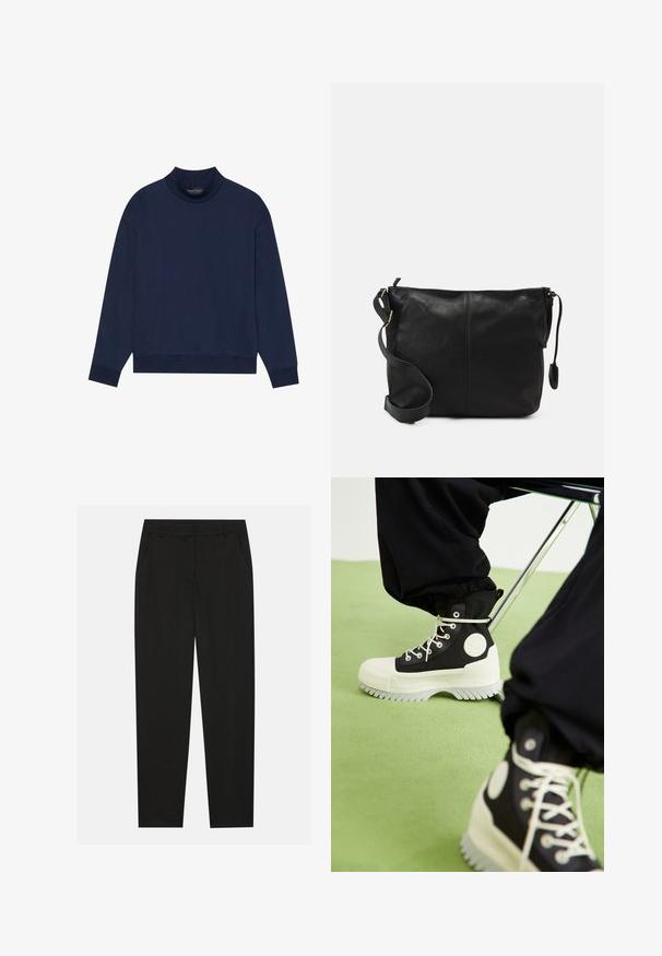 Mørkeblå langermet genser med høy hals, løs passform, ribbestrikkede mansjetter og nederkant. Laget av mykt, glatt stoff, uten mønstre.; Sorte bukser med skreddersydd design, med sidelommer og rett ben. Laget av glatt, lett stoff med en elegant finish.; Converse CHUCK TAYLOR ALL STAR LUGGED 2.0 PLATFORM COUNTER CLIMATE EXTRA HIGH - Snørestøvletter - black/egret; Svart skinn crossover-veske med flat form, gullfarge detaljer og justerbar stropp. Glatt tekstur med minimale sømmer.