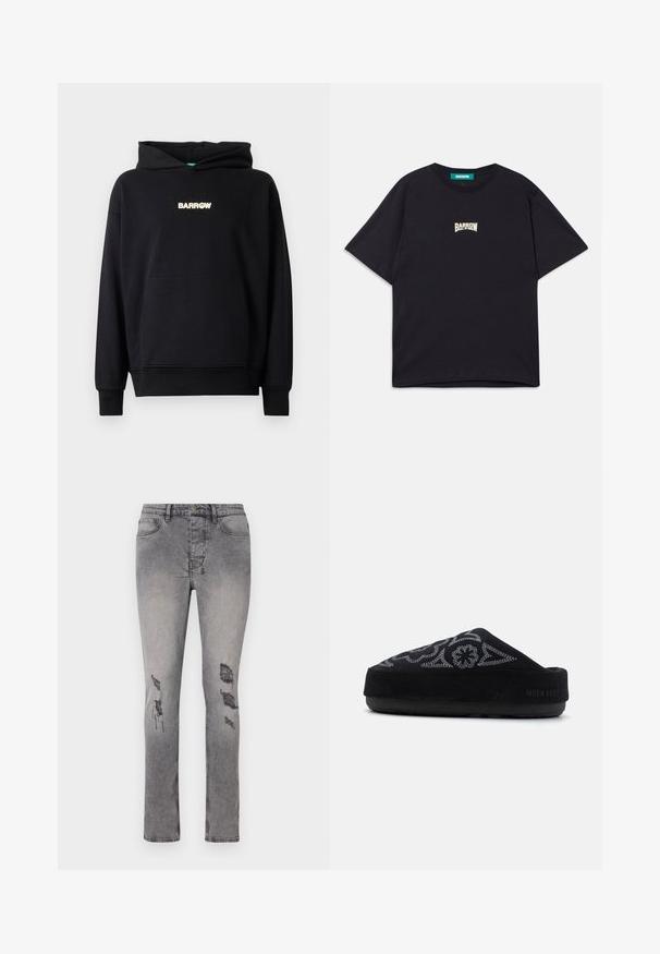 Hanorac negru cu buzunar frontal tip cangur, manșete și tiv cu nervuri. Prezentă logo-ul "BARROW" în text de culoare deschisă, centrat pe piept.; Tricou din bumbac negru, cu o croială lejeră, având un mic logo alb "BARROW" pe piept și gât clasic rotund.; Jeans din denim gri, cu un croi slim și o ușoară elasticitate. Prezintă petice uzate pe genunchi și un design clasic cu cinci buzunare.; Pantof suede negru, tip slip-on, cu design brodat, vârf rotund, talpă groasă și textul "MOON BOOT" pe călcâi. Suprafață texturată.