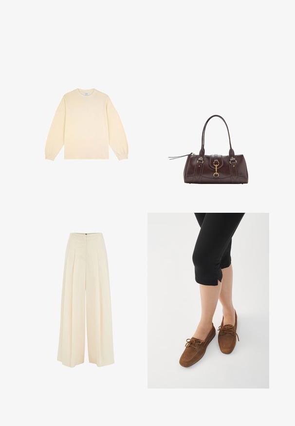 Kermainen pitkähihaisen collegepaita pehmeästä kankaasta, jossa on pyöreä kaula-aukko ja rento istuvuus. Varustettu ribbausmainen hihansuut ja yksinkertainen muotoilu.; Hameet leveillä lahkeilla vaaleasta beigeistä kankaasta, pleated- etuosasuunnittelu, korkea vyötärö ja sileä pinta. Ei näkyviä metalliosia tai kuvioita.; Ruske mokasiner i semis, s zaobljenim vrhom, čipkastim detaljima i niskim profilom. Nosene s crnim kratkim tajicama na beloj pozadini.; Tummanruskea nahkakäsilaukku, jossa on kaksi yläkahvaa, kullanväriset yksityiskohdat, etuosan lukitus ja tikatut tekstuurit sivuilla.