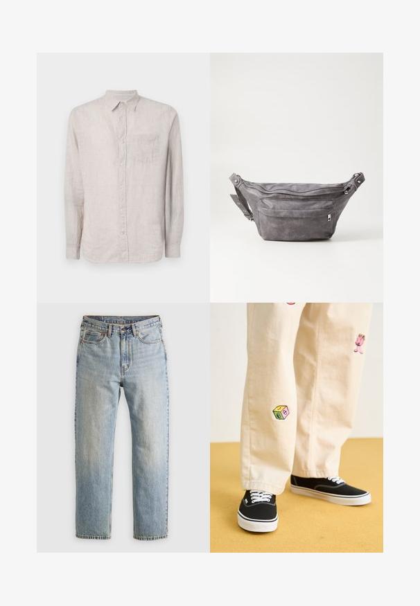 Donkergroene hoodie van zachte stof, met een kangoeroezak, trekkoorden en een wit tekstlogo op de linkerborst.; GAP STANDARD - Overhemd - tonal khaki; Lichtblauwe denim jeans met hoge taille, frontknop, rits en vijfzakkenontwerp, plat gelegd op een neutrale achtergrond.; Beige katoenen broek met speelse geborduurde ontwerpen, waaronder een roze figuur en een gekleurd blok, gecombineerd met zwarte veterschoenen.; Grijze suède heuptas met een ronde vorm, twee met rits afgesloten compartimenten en een verstelbare band. Voorzien van metalen accenten.