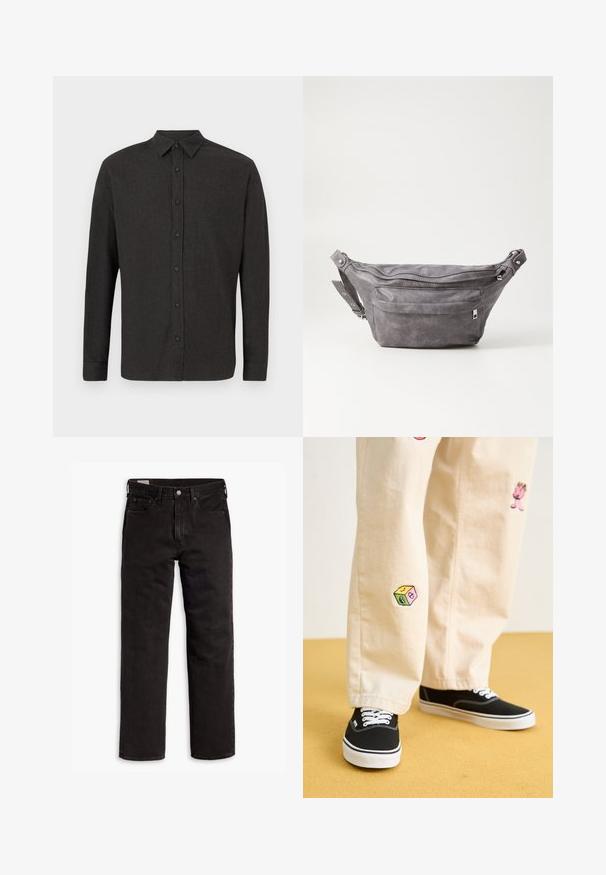 Sötétzöld kapucnis pulóver, puha anyagból készült, kenguru zsebbel, állítható zsinórokkal és fehér szöveges logóval a bal mellkasi területen.; Sötétszürke, hosszú ujjú, gombos ing, hegyes gallérral, fehér háttér előtt laposan elhelyezve.; Fekete egyenes szárú farmernadrág öt zsebbel, gombos záródással és övhurkokkal, fehér háttéren elhelyezve.; Beige pamut nadrág játékos hímzett mintákkal, beleértve egy rózsaszín karaktert és színes blokkot, fekete fűzős tornacipővel párosítva.; Szürke velúr övtáska kerek formával, két cipzáras rekesszel és állítható pánttal. Fém dekorációval rendelkezik.