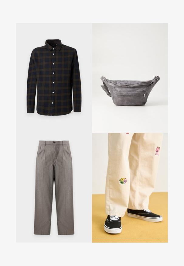 Mørkegrønn hettegenser laget av mykt stoff, med kengurulomme, snorer og hvit tekstlogo på venstre brystområde.; Mørkeblå skjorte med lange ærmer og brun rutete mønster. Laget av mykt stoff, med knapplukking foran og klassisk krage.; Grått hundetannsmønster bukser med rett ben-design, med folder, belte med knappelukking, og sidelommer.; Beige bomullsbukser med lekne broderte design, inkludert en rosa karakter og fargede blokker, kombinert med svarte snørebåndssko.; Grå semsket fanny pack med avrundet form, to glidelåslommer og justerbar stropp. Har metallbeslag som detaljer.