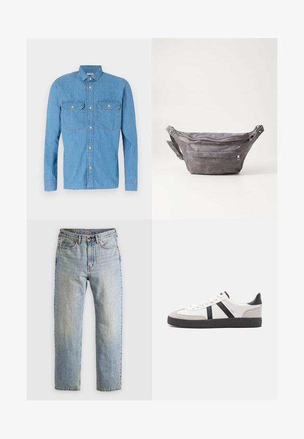 Donkergroene hoodie van zachte stof, met een kangoeroezak, trekkoorden en een wit tekstlogo op de linkerborst.; Lichtblauw denim overhemd met lange mouwen, knoopsluiting aan de voorkant, twee borstzakken, puntige kraag en gouden knopen. Gladde textuur, casual ontwerp.; Lichtblauwe denim jeans met hoge taille, frontknop, rits en vijfzakkenontwerp, plat gelegd op een neutrale achtergrond.; Witte sneaker met zwarte en grijze accenten, voorzien van een grijze neus met textuur, zwarte rubberen zool en platte witte veters. Schoon ontwerp, minimalistische stijl.; Grijze suède heuptas met een ronde vorm, twee met rits afgesloten compartimenten en een verstelbare band. Voorzien van metalen accenten.