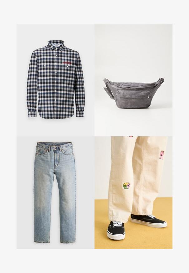 Dunkelgrüner Hoodie aus weichem Material, mit einer Kängurutasche, Bindebändern und einem weißen Textlogo auf der linken Brustseite.; Herrenhemd mit Knopfverschluss im navy und weißen Karomuster, ausgestattet mit zwei Brusttaschen, einem normalen Kragen und roten Stickdetails.; Helle blaue Jeans mit hoher Taille, Frontknopf, Reißverschluss und fünf Taschen-Design, flach auf einem neutralen Hintergrund ausgelegt.; Beige Baumwollhosen mit verspielten, gestickten Motiven, darunter eine pinke Figur und bunte Blöcke, kombiniert mit schwarzen Schnürsneakern.; Graue Wildleder-Gürteltasche mit runder Form, zwei mit Reißverschluss verschlossenen Fächern und verstellbarem Trageriemen. Mit metallischen Hardware-Akzenten.