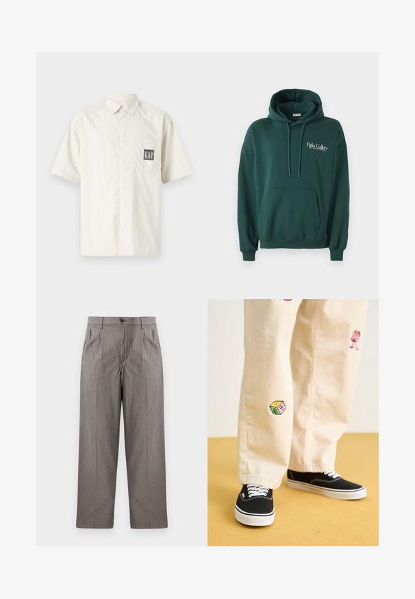 Donkergroene hoodie van zachte stof, met een kangoeroezak, trekkoorden en een wit tekstlogo op de linkerborst.; Kortekorte crème shirt van katoen, met een knoopsluiting aan de voorkant en een borstzak met een contrasterend zwart GAP-logo.; Grijs houndstooth-print broek met een recht model, voorzien van plooien, een tailleband met knoopsluiting en zijzakken.; Beige katoenen broek met speelse geborduurde ontwerpen, waaronder een roze figuur en een gekleurd blok, gecombineerd met zwarte veterschoenen.