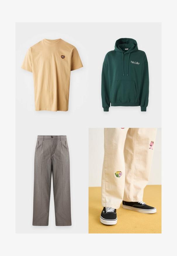Dark green hoodie made of soft fabric, featuring a kangaroo pocket, drawstrings, and white text logo on the left chest area.; Beige cotton t-shirt with short sleeves, round neckline, and a small brown heart logo on the left chest area. Smooth texture, casual design.; Gray houndstooth print trousers with a straight-leg design, featuring pleats, a waistband with a button closure, and side pockets.; Beige cotton pants with playful embroidered designs including a pink character and colored block, paired with black lace-up sneakers.