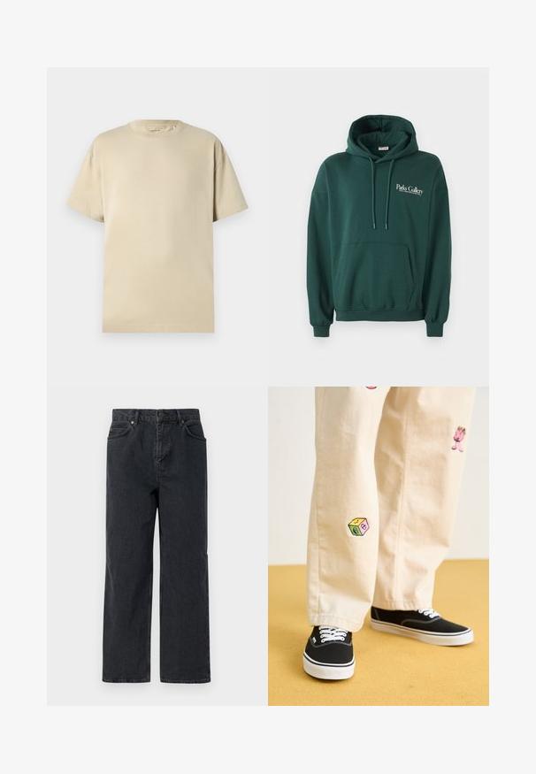 Dark green hoodie made of soft fabric, featuring a kangaroo pocket, drawstrings, and white text logo on the left chest area.; Beige cotton t-shirt with a round neckline, short sleeves, and a relaxed fit. Smooth texture with no visible patterns or accents.; Dark blue denim trousers with a wide leg, five-pocket design, and a button closure. Includes copper-tone hardware and subtle texture.; Beige cotton pants with playful embroidered designs including a pink character and colored block, paired with black lace-up sneakers.