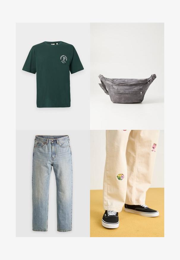 Mørkegrøn hoodie lavet af blødt stof, med en kængurulomme, snoretræk og hvid tekstlogo på venstre brystområde.; Grøn bomulds T-shirt med korte ærmer, rund halsudskæring og hvidt "Cortado Coffee" logo med et kaffekop-graphic på brystet.; Lysblå denim jeans med høj talje, frontknap, lynlås og fem-lomme design, lagt fladt på en neutral baggrund.; Beige bomuldsbukser med legende broderede designs, herunder en lyserød karakter og farvede blokke, parret med sorte snørebåndssneakers.; Grå suedefanny pack med en rund form, to lynlåslommer og justerbart strop. Har metalhardware detaljer.