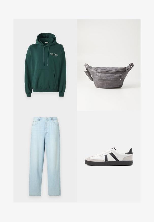 Sudadera de color verde oscuro hecha de un tejido suave, con un bolsillo canguro, cordones y un logo de texto blanco en la parte izquierda del pecho.; Jeans de tiro alto en azul claro y corte recto, fabricados en denim, que cuentan con cinco bolsillos y un cierre frontal con botón.; Zapatilla blanca con acentos en negro y gris, que presenta una puntera texturizada en gris, suela de goma negra y cordones planos blancos. Diseño limpio, estilo minimalista.; Riñonera de ante gris con forma redondeada, dos compartimentos con cremallera y correa ajustable. Presenta acentos de metal.