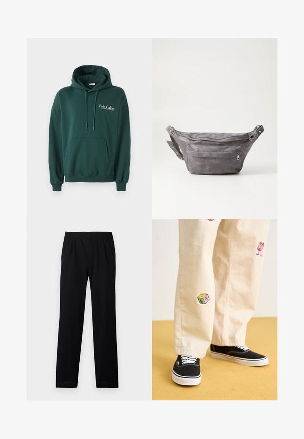 Mørkegrønn hettegenser laget av mykt stoff, med kengurulomme, snorer og hvit tekstlogo på venstre brystområde.; Sorte bukser med elastisk linning, rette ben og diskrete folder. Glatt tekstur og lett materiale. Ingen synlige mønstre.; Beige bomullsbukser med lekne broderte design, inkludert en rosa karakter og fargede blokker, kombinert med svarte snørebåndssko.; Grå semsket fanny pack med avrundet form, to glidelåslommer og justerbar stropp. Har metallbeslag som detaljer.