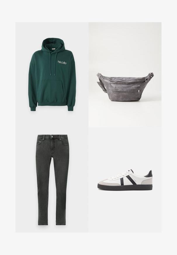 Hanorac de culoare verde închis, realizat dintr-un material moale, având o buzunar tip kangur, șnururi și un logo alb pe partea stângă a pieptului.; Blugi skinny gri închis, confecționați din denim cu o textură netedă, având închidere clasică cu nasture și un design standard cu cinci buzunare.; Sneaker alb cu accente negre și gri, având un capac de vârf gri texturat, talpă din cauciuc negru și șireturi plate albe. Design elegant, stil minimalist.; Borseta gri din suede, cu o formă rotunjită, două compartimente cu fermoar și curea ajustabilă. Are accente din metal.