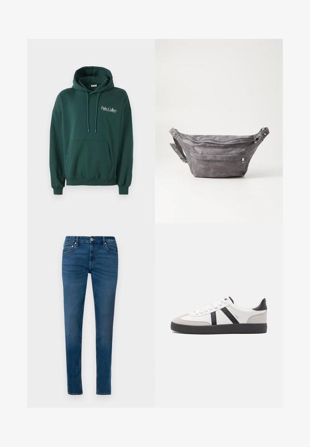 Sudadera de color verde oscuro hecha de un tejido suave, con un bolsillo canguro, cordones y un logo de texto blanco en la parte izquierda del pecho.; Jeans skinny de mezclilla azul con cierre de botón frontal, lazos para cinturón y bolsillos delanteros y traseros, exhibidos sobre un fondo blanco.; Zapatilla blanca con acentos en negro y gris, que presenta una puntera texturizada en gris, suela de goma negra y cordones planos blancos. Diseño limpio, estilo minimalista.; Riñonera de ante gris con forma redondeada, dos compartimentos con cremallera y correa ajustable. Presenta acentos de metal.