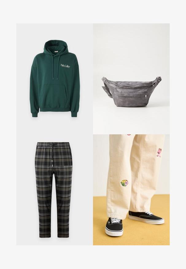 Tamnozeleni dukserica od mekog materijala, s kengur džepom, podešavanjima na kapuljači i bijelim logotipom na lijevoj strani prsnog područja.; Crne karirane hlače s uzorcima u sivoj i maslinastoj zelenoj boji. Imaju elastičnu traku svezanom i sužene nogavice. Meki tekstilni materijal.; Bež pamuk hlače s razigranim izvezenim dizajnima, uključujući ružičasti lik i obojene blokove, uparene s crnim vezicama za cipele.; Siva zamšasta torbica preko struka sa zaobljenim oblikom, dva zip zatvorena odjeljka i podesivim remenom. Sadrži metalne naglaske.