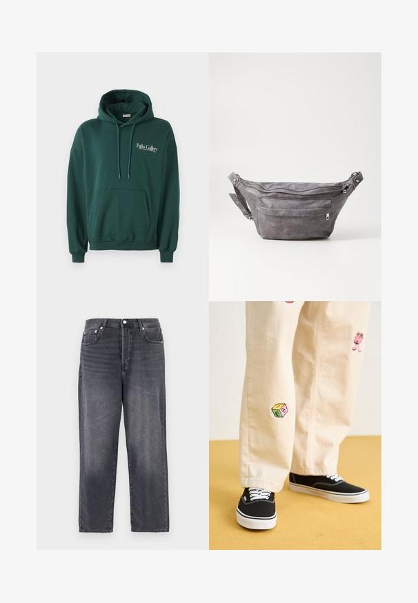 Felpa verde scuro realizzata in morbido tessuto, dotata di tasca a marsupio, cordini e logo in testo bianco sulla parte sinistra del petto.; Jeans in denim grigio scuro con un design a gamba dritta, cinque tasche e accessori in metallo. Il tessuto ha una trama sottile e accenti sbiaditi.; Pantaloni di cotone beige con divertenti ricami che includono un personaggio rosa e un blocco colorato, abbinati a sneaker nere con lacci.; Fanny pack in suede grigio con forma arrotondata, due scomparti con cerniera e tracolla regolabile. Presenta dettagli in metallo.