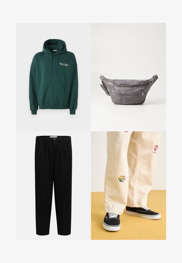 Dark green hoodie made of soft fabric, featuring a kangaroo pocket, drawstrings, and white text logo on the left chest area.; Black high-waist straight-leg trousers with belt loops, front pleats, side pockets, and a button closure at the waistband.; Beige cotton pants with playful embroidered designs including a pink character and colored block, paired with black lace-up sneakers.; Gray suede fanny pack with a rounded shape, two zippered compartments, and adjustable strap. Features metal hardware accents.