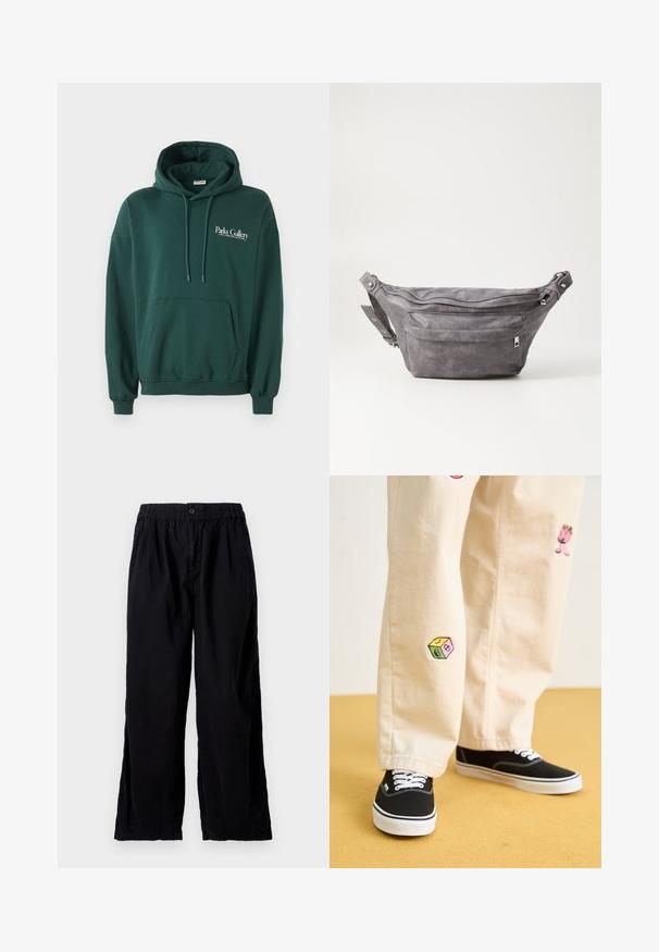 Cachecol escuro verde feito de tecido suave, com um bolso canguru, cordões e logotipo em texto branco na área do peito esquerdo.; Calças pretas feitas de tecido leve, com cintura elástica, fecho de botão, corte solto e ligeira textura. Sem padrões ou acabamentos visíveis.; Calças de algodão bege com desenhos bordados divertidos, incluindo uma personagem rosa e um bloco colorido, combinadas com sapatilhas pretas de atacadores.; Pochete cinza em camurça com forma arredondada, dois compartimentos com fecho éclair e alça ajustável. Apresenta detalhes em metal.