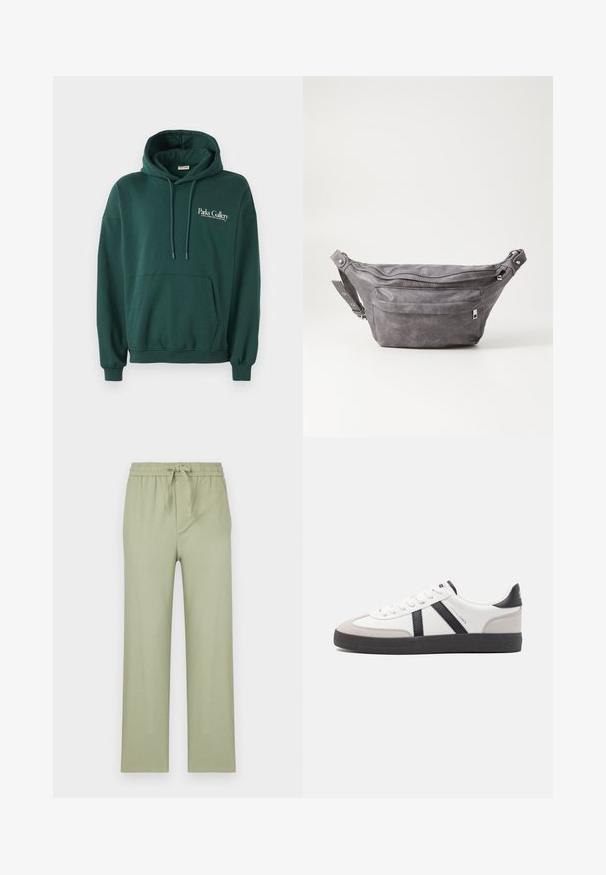 Temno zelena kapuca iz mehke tkanine, z kenguru žepom, vrvicami in belim logotipom na levi strani prsnega koša.; Hlače v svetlem olivno zeleni barvi, narejene iz mehke tkanine. Imajo elastičen pas z vrvico in ravne široke nogavice.; Bela športna obutev z črnimi in sivo akcenti, z teksturirano sivo kapico za prste, črnim gumijastim podplatom in ravnimi belimi vezalkami. Čista zasnova, minimalistični slog.; Sivkasta zamšasta torbica s okroglo obliko, dvema žepoma na zadrgo in nastavljivim trakom. Ima kovinske dodatke.