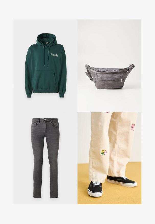Tumši zaļš kapuce, kas izgatavota no mīksta auduma, ar kangaroo kabatu, auklītēm un baltu teksta logo uz kreisā krūšu apgabala.; Pelēki denims džinsi ar šauru piegriezumu, kas aprīkoti ar klasisko piecu kabatu dizainu, priekšējo pogu aizdari un vāju teksturētu apdari visā virsmā.; Beige kokvilnas bikses ar rotaļīgiem izšūtiem dizainiem, tostarp rozā raksturs un krāsains bloks, saskaņotas ar melniem kurpēm ar auklām.; Pelēks zamšādas jostas somiņa ar noapaļotu formu, divām kabatām ar rāvējslēdzējiem un regulējamu siksnu. Iekļauj metāla aksesuārus.