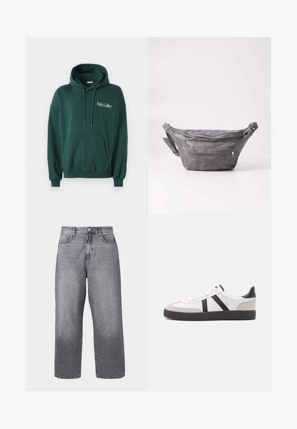 Sudadera de color verde oscuro hecha de un tejido suave, con un bolsillo canguro, cordones y un logo de texto blanco en la parte izquierda del pecho.; Jeans de mezclilla gris de pierna ancha con cintura alta, diseño de cinco bolsillos y cierre de metal. La tela presenta un ligero desvanecimiento cerca del dobladillo.; Zapatilla blanca con acentos en negro y gris, que presenta una puntera texturizada en gris, suela de goma negra y cordones planos blancos. Diseño limpio, estilo minimalista.; Riñonera de ante gris con forma redondeada, dos compartimentos con cremallera y correa ajustable. Presenta acentos de metal.