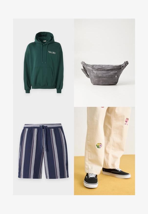 Dunkelgrüner Hoodie aus weichem Material, mit einer Kängurutasche, Bindebändern und einem weißen Textlogo auf der linken Brustseite.; Marineblaue Badehose mit vertikal gestreiftem Muster in Weiß und Rot, elastischem Taillenbund und Kordelzug, aus leichtem Stoff gefertigt.; Beige Baumwollhosen mit verspielten, gestickten Motiven, darunter eine pinke Figur und bunte Blöcke, kombiniert mit schwarzen Schnürsneakern.; Graue Wildleder-Gürteltasche mit runder Form, zwei mit Reißverschluss verschlossenen Fächern und verstellbarem Trageriemen. Mit metallischen Hardware-Akzenten.
