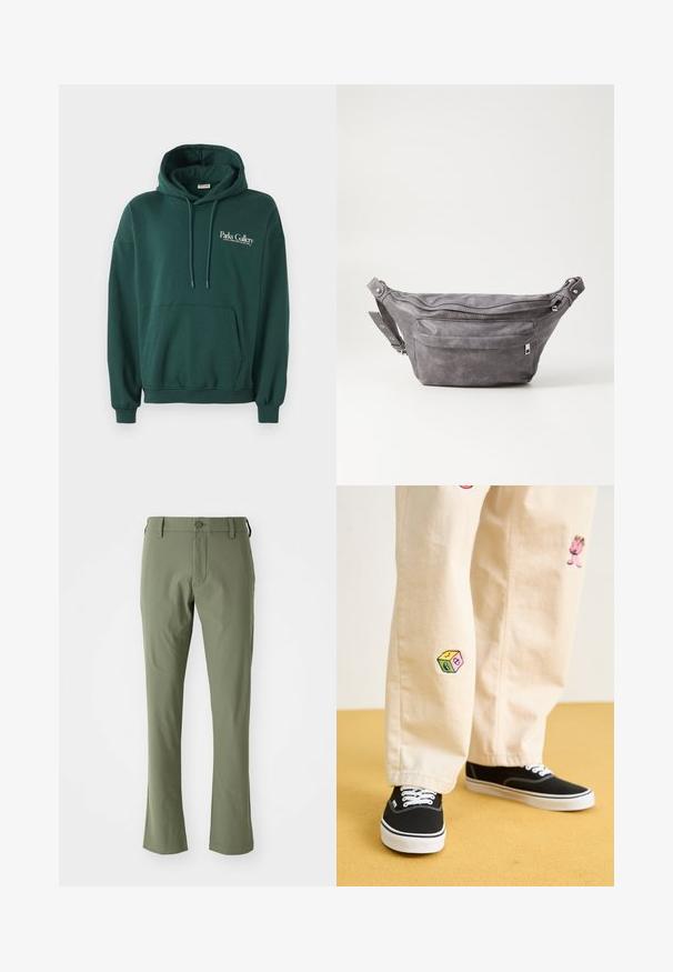Haut à capuche vert foncé en tissu doux, avec une poche kangourou, des cordons de serrage et un logo en texte blanc sur la poitrine à gauche.; Pantalons verts ajustés avec une coupe slim, fabriqués en tissu lisse. Comprend une fermeture éclair à l'avant, une fermeture à bouton et des ourlets droits.; Pantalon en coton beige avec des motifs brodés ludiques, incluant un personnage rose et un bloc de couleur, associé à des baskets noires à lacets.; Sac banane en suède gris avec une forme arrondie, deux compartiments zippés et une sangle réglable. Comprend des accents en métal.