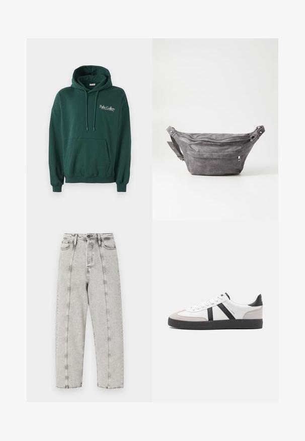Temno zelena kapuca iz mehke tkanine, z kenguru žepom, vrvicami in belim logotipom na levi strani prsnega koša.; Sive visoke kavbojke z ohlapnim krojem, ki imajo ravne hlačnice, vidno šivanje in uničen videz.; Bela športna obutev z črnimi in sivo akcenti, z teksturirano sivo kapico za prste, črnim gumijastim podplatom in ravnimi belimi vezalkami. Čista zasnova, minimalistični slog.; Sivkasta zamšasta torbica s okroglo obliko, dvema žepoma na zadrgo in nastavljivim trakom. Ima kovinske dodatke.
